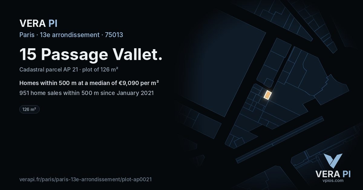 15 Passage Vallet, 13e arrondissement at night – the plot lit, the parcels around coloured by the prices near them