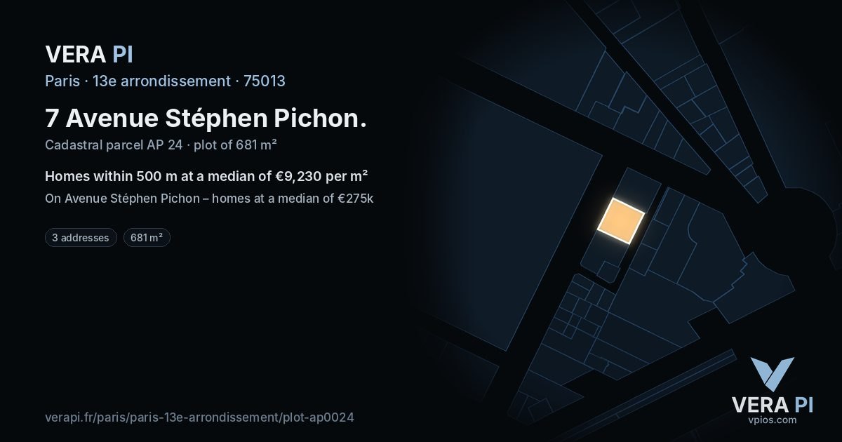 7 Avenue Stéphen Pichon, 13e arrondissement at night – the plot lit, the parcels around coloured by the prices near them