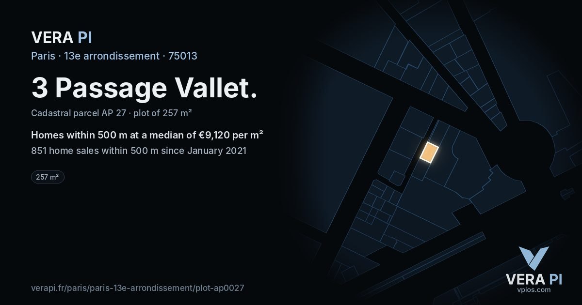 3 Passage Vallet, 13e arrondissement at night – the plot lit, the parcels around coloured by the prices near them