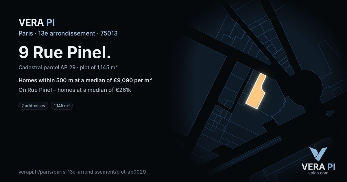 9 Rue Pinel, 13e arrondissement at night – the plot lit, the parcels around coloured by the prices near them
