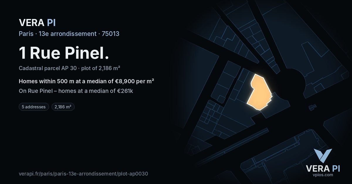 1 Rue Pinel, 13e arrondissement at night – the plot lit, the parcels around coloured by the prices near them