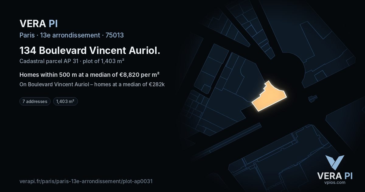 134 Boulevard Vincent Auriol, 13e arrondissement at night – the plot lit, the parcels around coloured by the prices near them