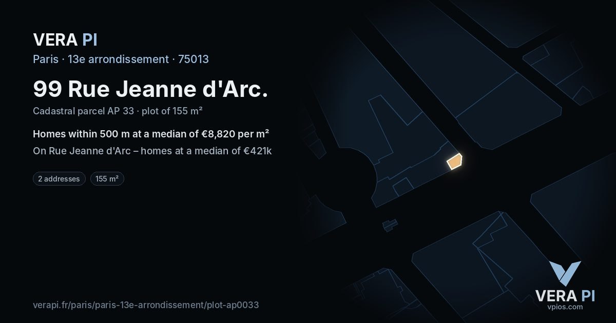 99 Rue Jeanne d'Arc, 13e arrondissement at night – the plot lit, the parcels around coloured by the prices near them