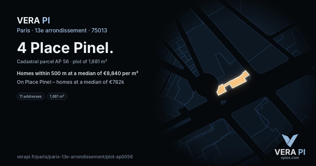 4 Place Pinel, 13e arrondissement at night – the plot lit, the parcels around coloured by the prices near them