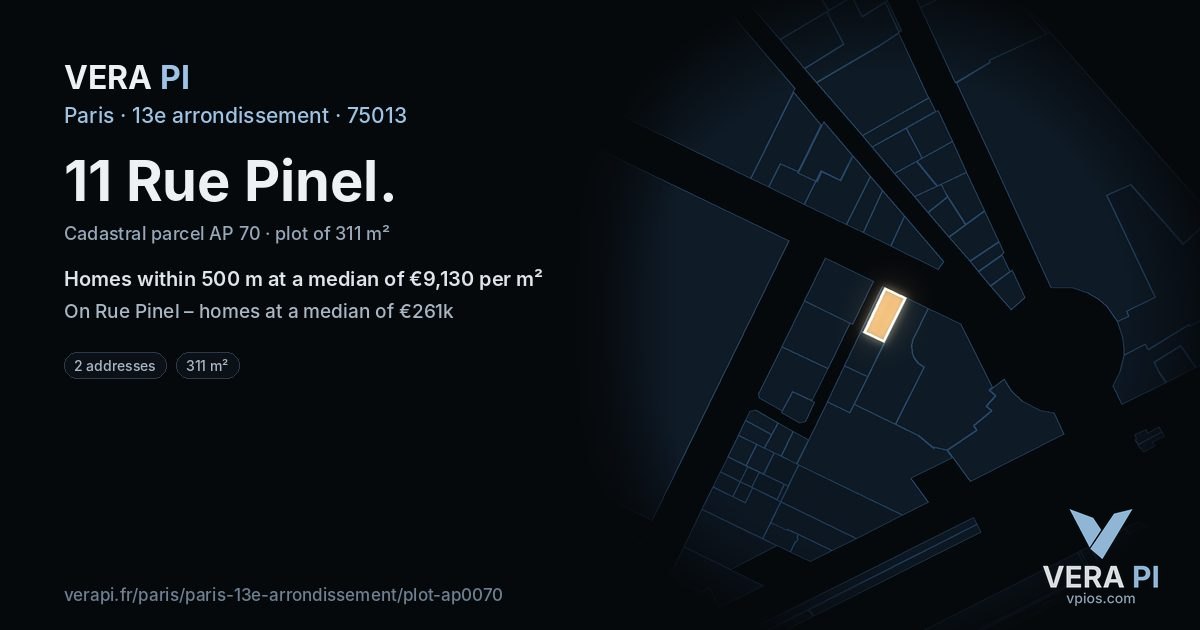 11 Rue Pinel, 13e arrondissement at night – the plot lit, the parcels around coloured by the prices near them