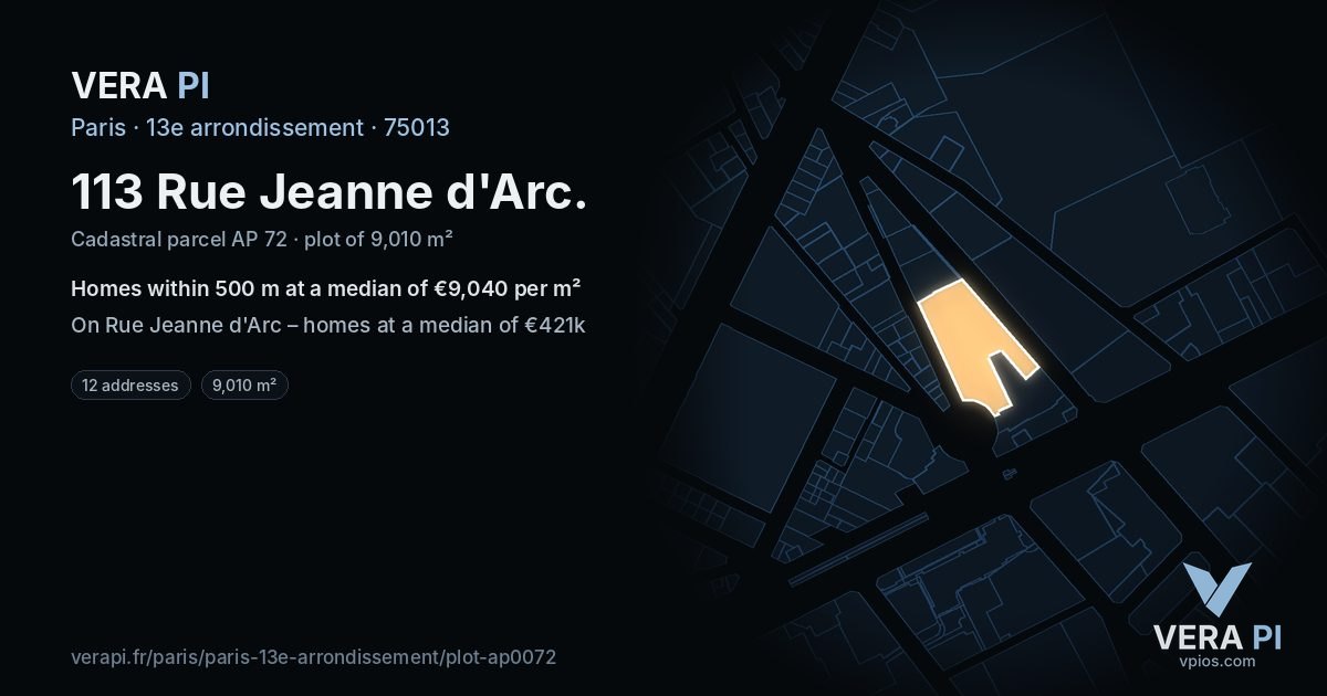 113 Rue Jeanne d'Arc, 13e arrondissement at night – the plot lit, the parcels around coloured by the prices near them