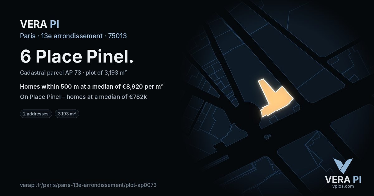 6 Place Pinel, 13e arrondissement at night – the plot lit, the parcels around coloured by the prices near them