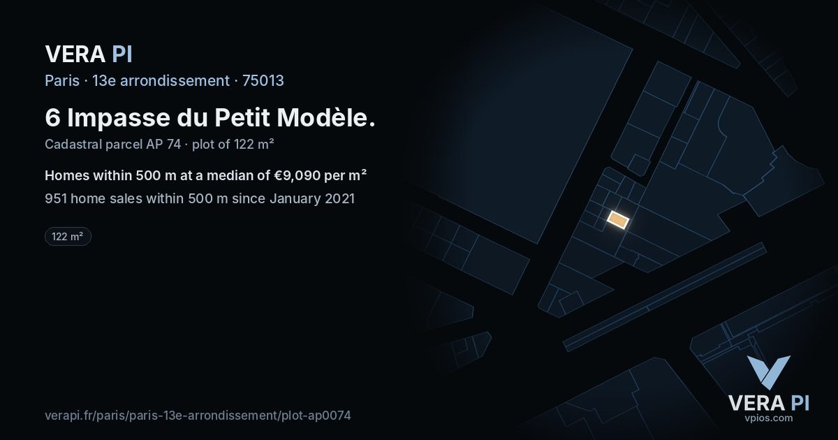 6 Impasse du Petit Modèle, 13e arrondissement at night – the plot lit, the parcels around coloured by the prices near them