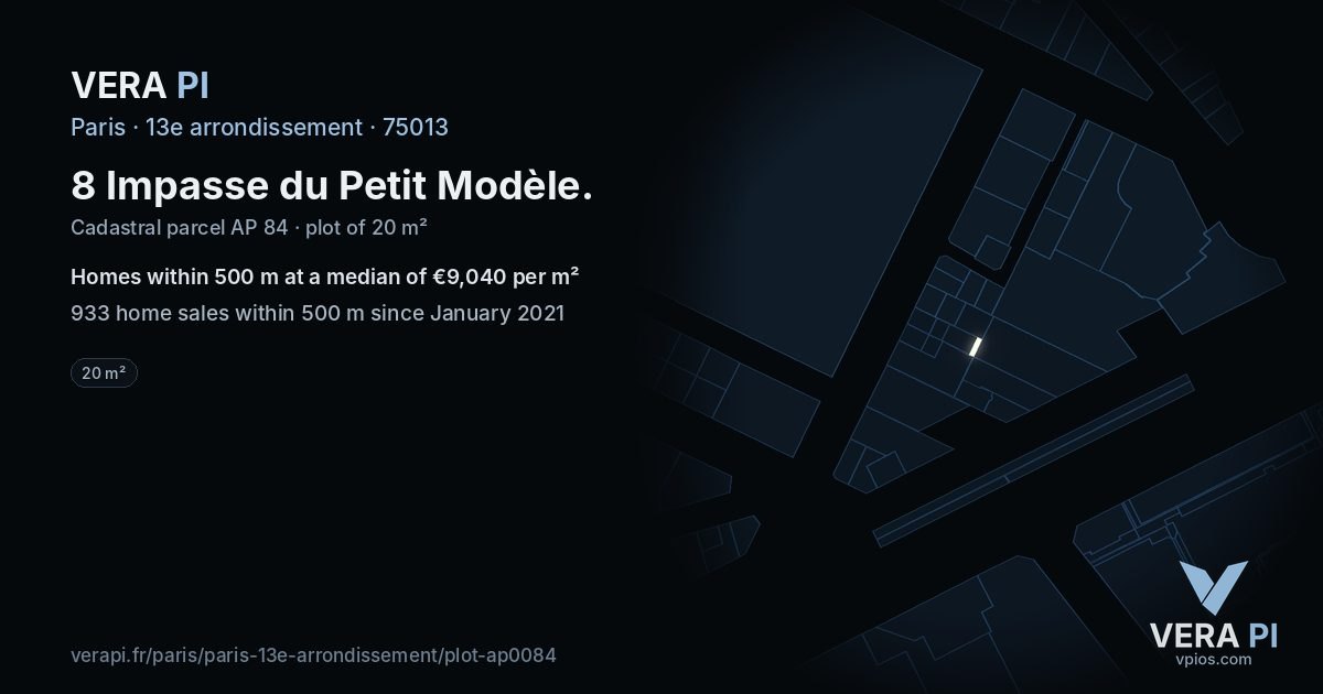 8 Impasse du Petit Modèle, 13e arrondissement at night – the plot lit, the parcels around coloured by the prices near them