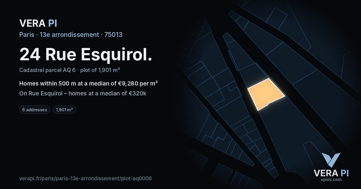 24 Rue Esquirol, 13e arrondissement at night – the plot lit, the parcels around coloured by the prices near them