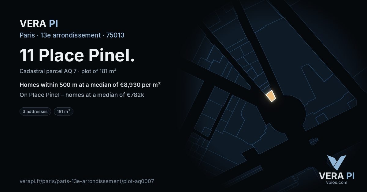 11 Place Pinel, 13e arrondissement at night – the plot lit, the parcels around coloured by the prices near them