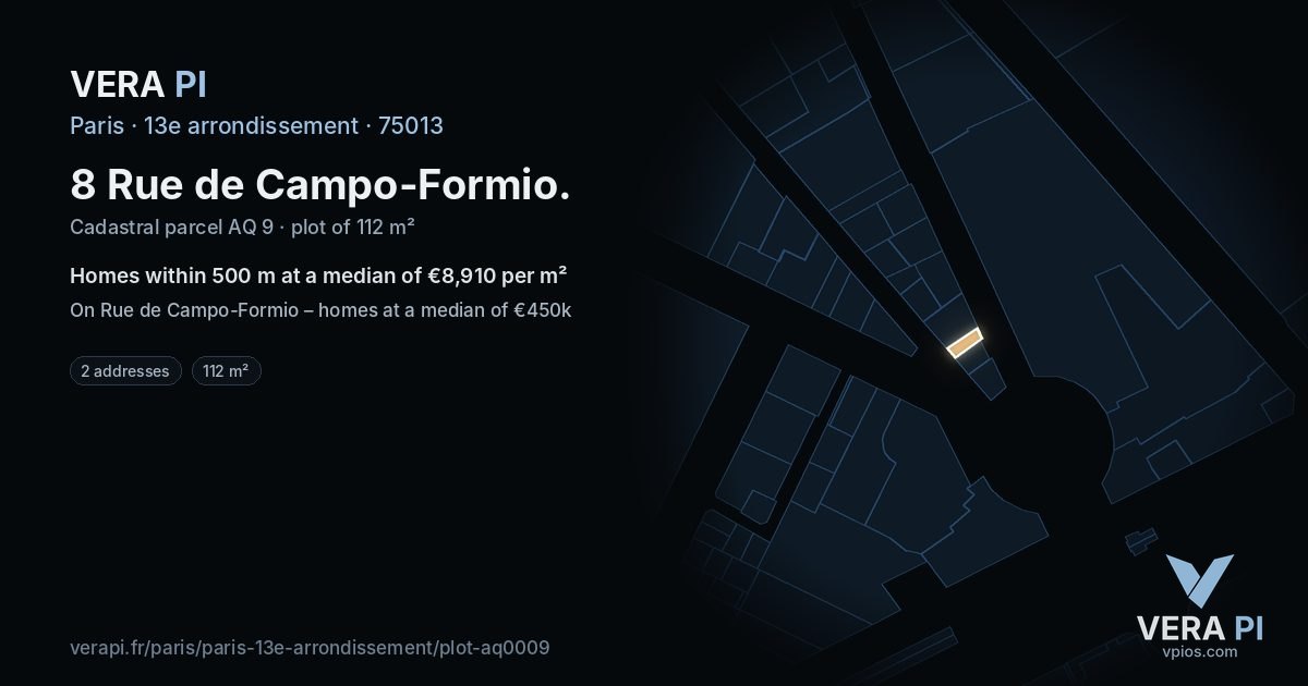8 Rue de Campo-Formio, 13e arrondissement at night – the plot lit, the parcels around coloured by the prices near them