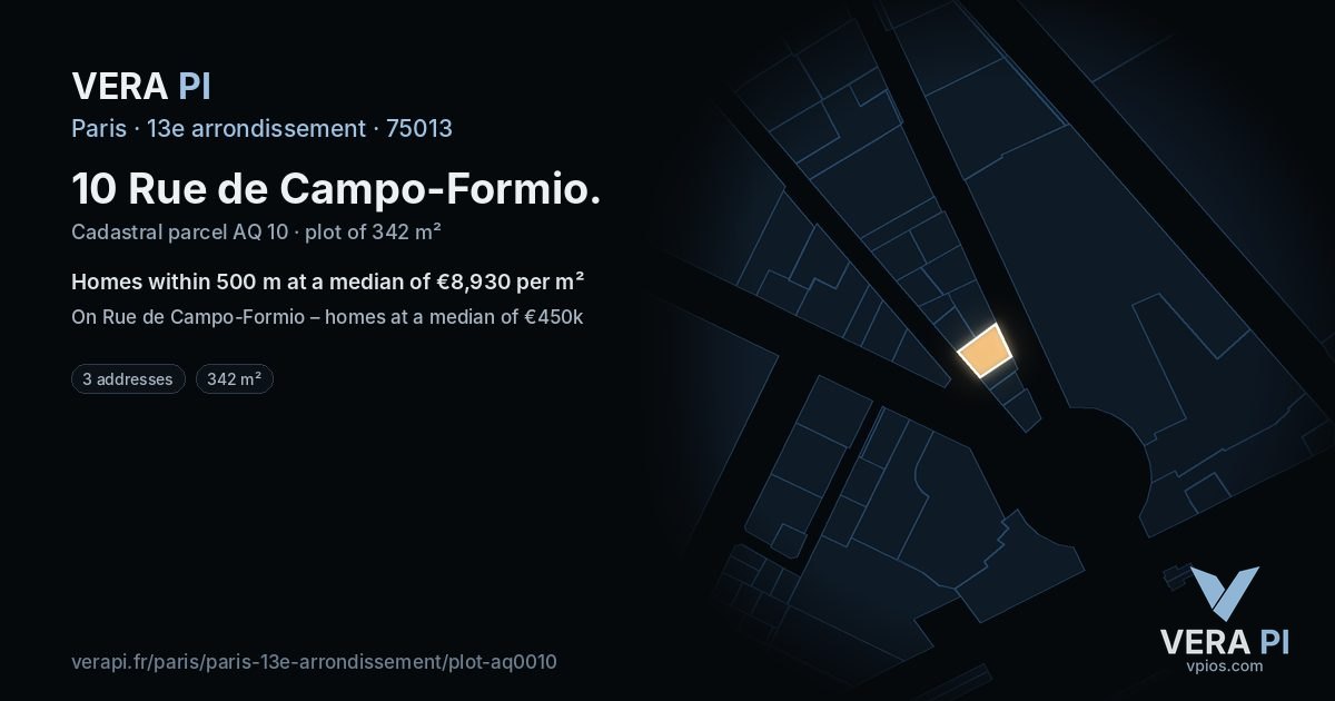 10 Rue de Campo-Formio, 13e arrondissement at night – the plot lit, the parcels around coloured by the prices near them