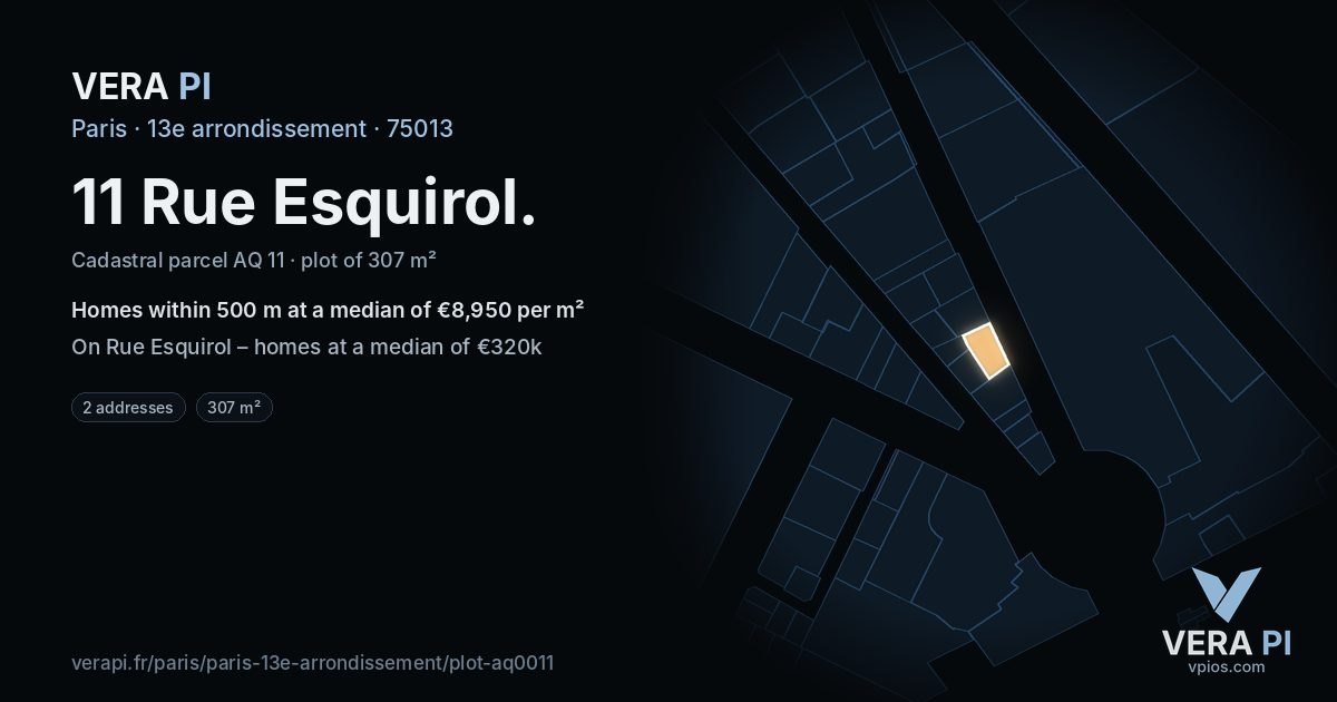 11 Rue Esquirol, 13e arrondissement at night – the plot lit, the parcels around coloured by the prices near them