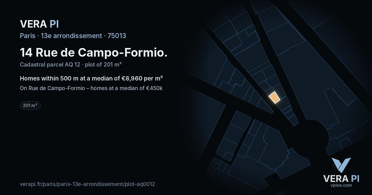 14 Rue de Campo-Formio, 13e arrondissement at night – the plot lit, the parcels around coloured by the prices near them