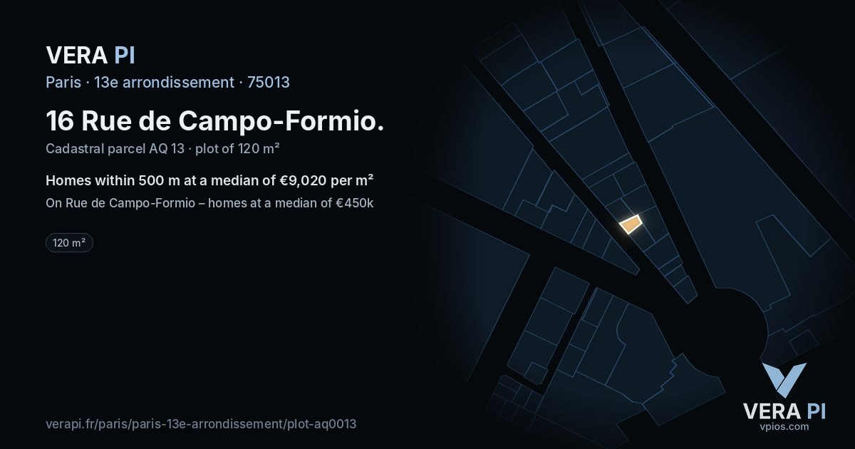 16 Rue de Campo-Formio, 13e arrondissement at night – the plot lit, the parcels around coloured by the prices near them