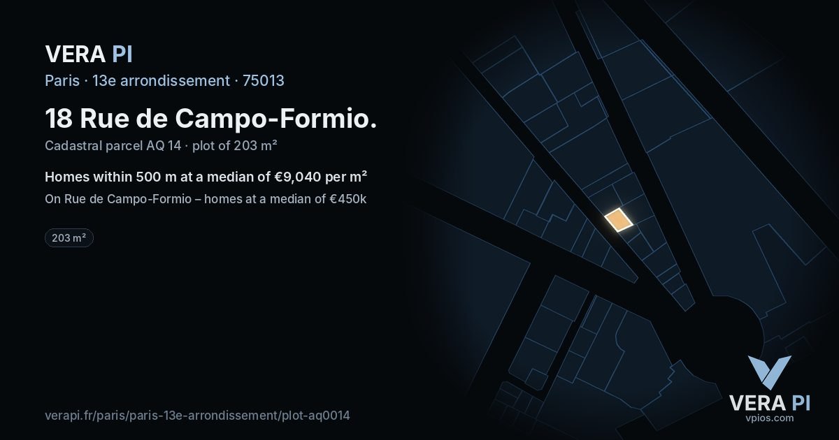 18 Rue de Campo-Formio, 13e arrondissement at night – the plot lit, the parcels around coloured by the prices near them