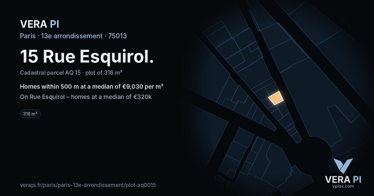 15 Rue Esquirol, 13e arrondissement at night – the plot lit, the parcels around coloured by the prices near them