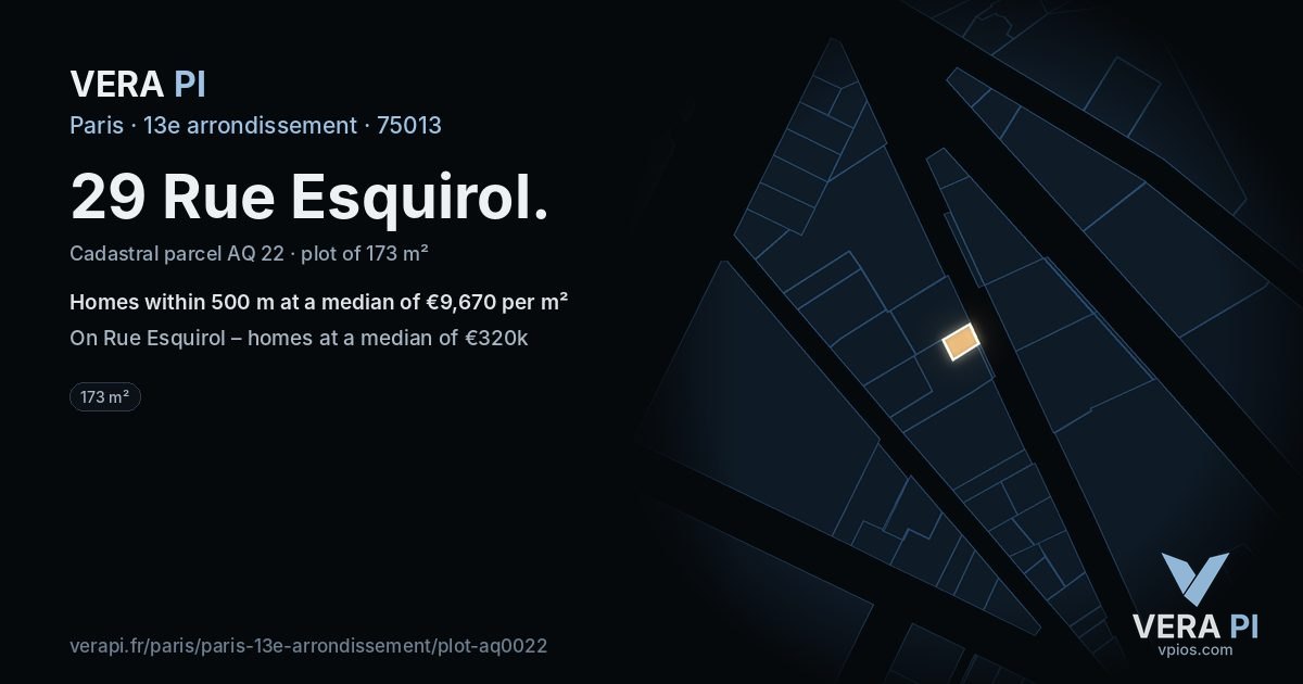 29 Rue Esquirol, 13e arrondissement at night – the plot lit, the parcels around coloured by the prices near them