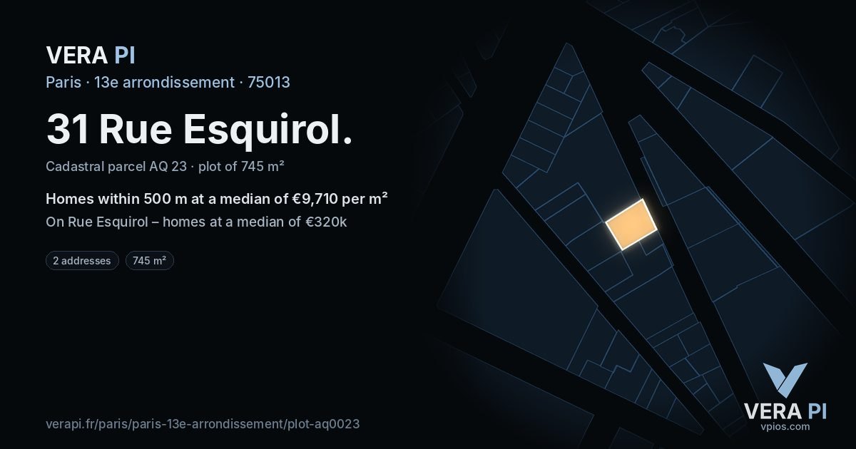 31 Rue Esquirol, 13e arrondissement at night – the plot lit, the parcels around coloured by the prices near them