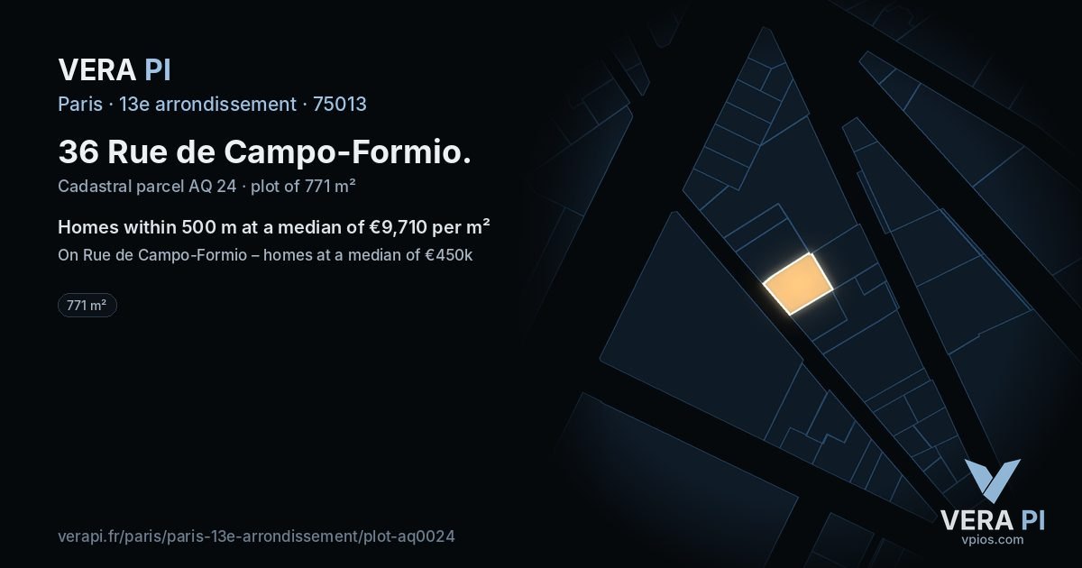 36 Rue de Campo-Formio, 13e arrondissement at night – the plot lit, the parcels around coloured by the prices near them