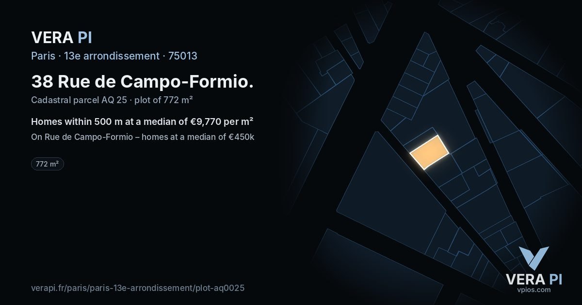 38 Rue de Campo-Formio, 13e arrondissement at night – the plot lit, the parcels around coloured by the prices near them