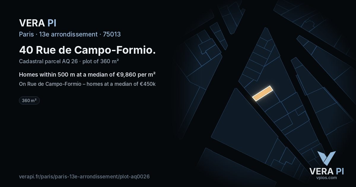 40 Rue de Campo-Formio, 13e arrondissement at night – the plot lit, the parcels around coloured by the prices near them