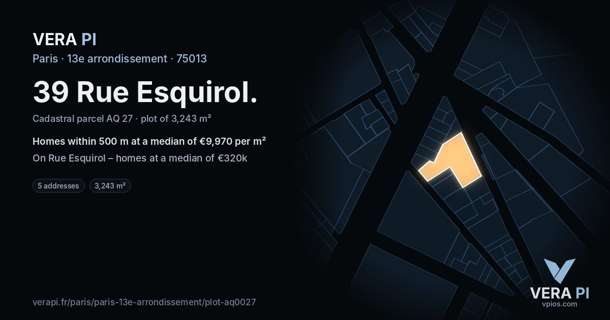 39 Rue Esquirol, 13e arrondissement at night – the plot lit, the parcels around coloured by the prices near them