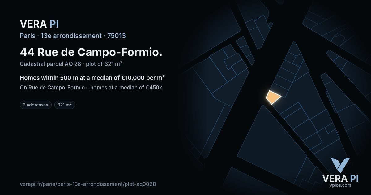 44 Rue de Campo-Formio, 13e arrondissement at night – the plot lit, the parcels around coloured by the prices near them