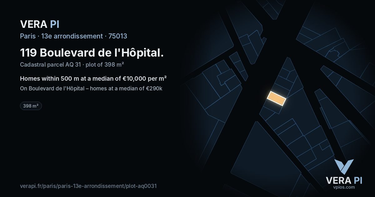 119 Boulevard de l'Hôpital, 13e arrondissement at night – the plot lit, the parcels around coloured by the prices near them