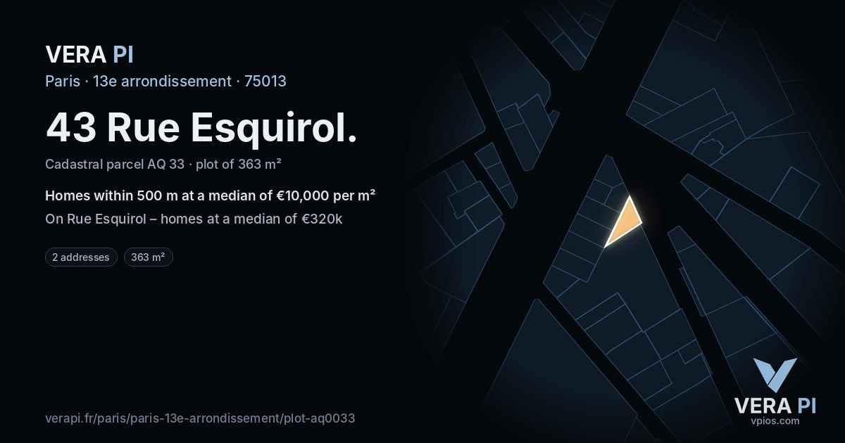 43 Rue Esquirol, 13e arrondissement at night – the plot lit, the parcels around coloured by the prices near them