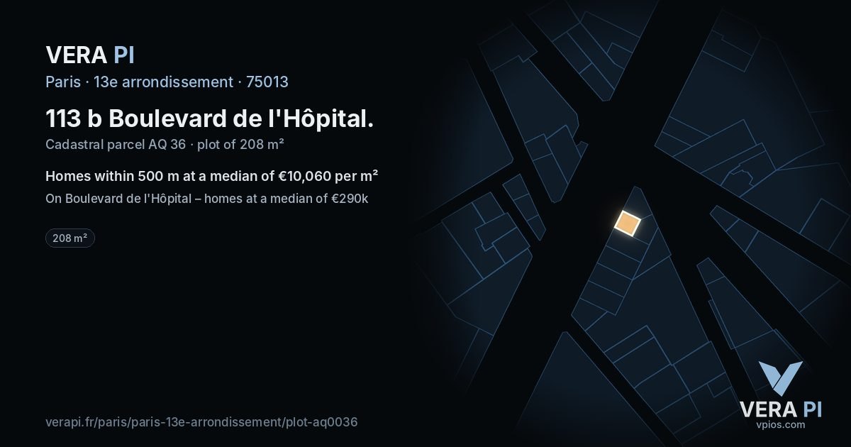 113 b Boulevard de l'Hôpital, 13e arrondissement at night – the plot lit, the parcels around coloured by the prices near them