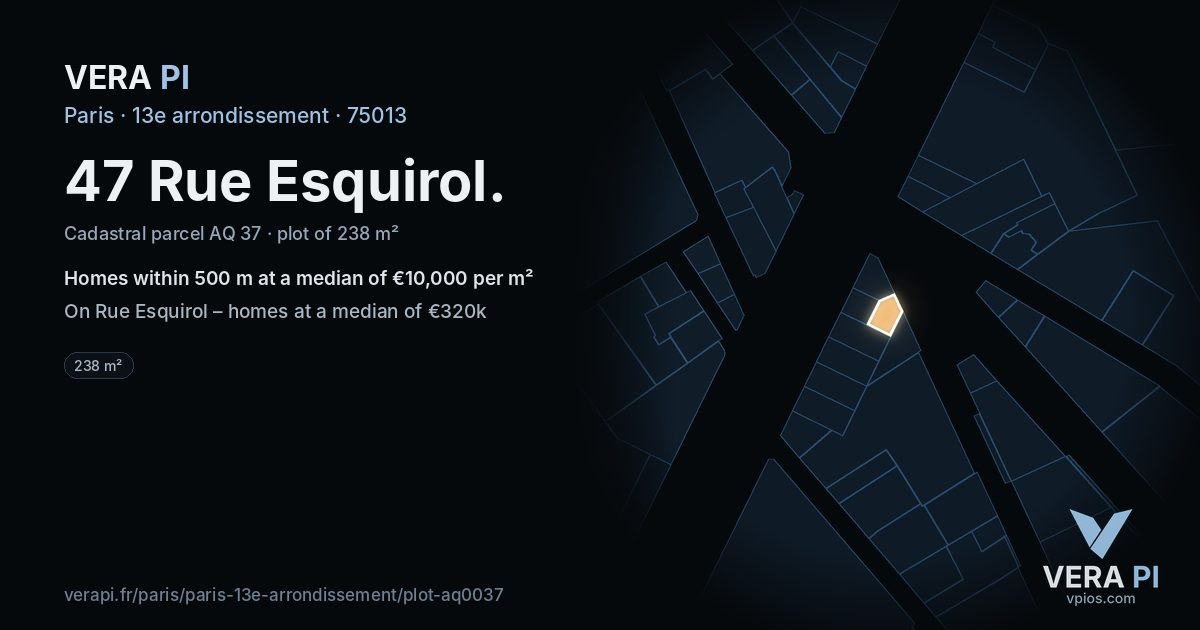 47 Rue Esquirol, 13e arrondissement at night – the plot lit, the parcels around coloured by the prices near them