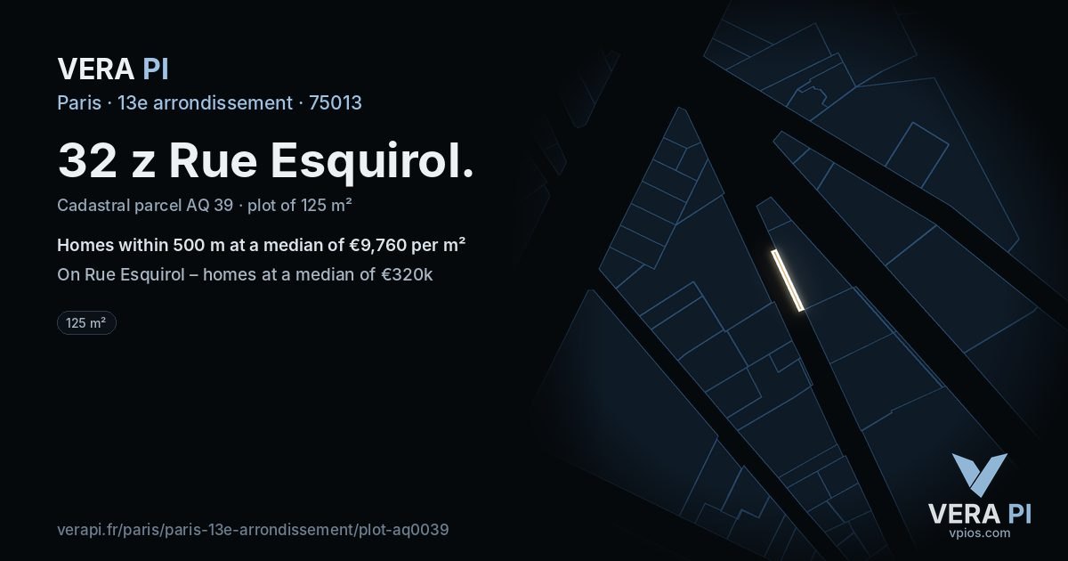 32 z Rue Esquirol, 13e arrondissement at night – the plot lit, the parcels around coloured by the prices near them