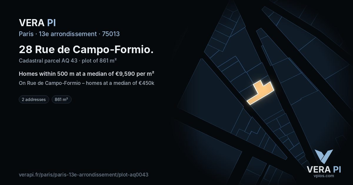 28 Rue de Campo-Formio, 13e arrondissement at night – the plot lit, the parcels around coloured by the prices near them