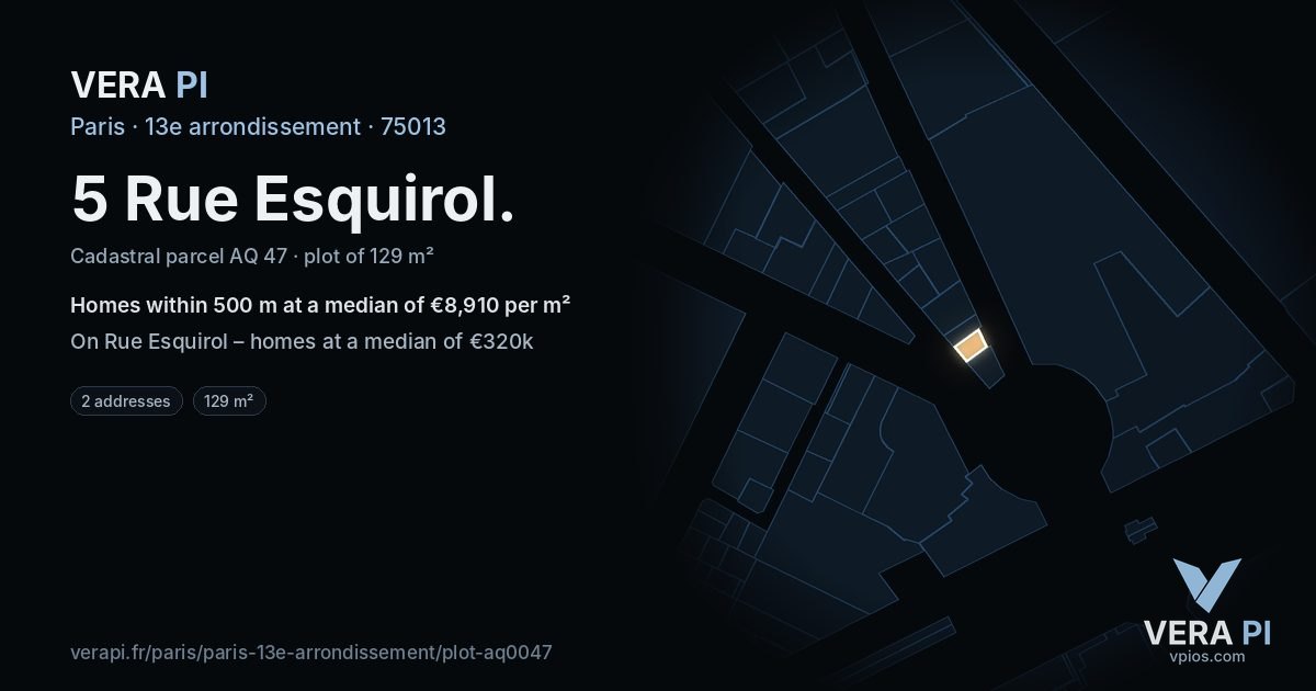 5 Rue Esquirol, 13e arrondissement at night – the plot lit, the parcels around coloured by the prices near them
