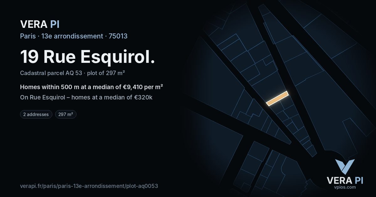 19 Rue Esquirol, 13e arrondissement at night – the plot lit, the parcels around coloured by the prices near them