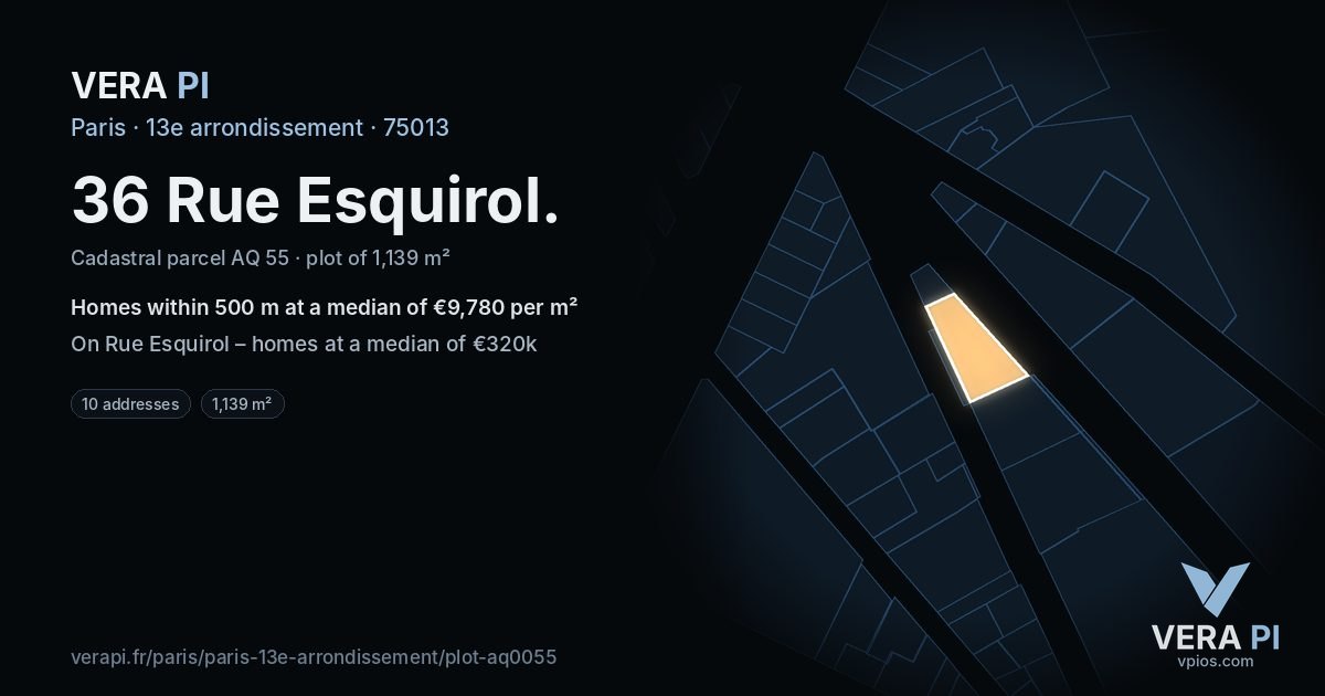 36 Rue Esquirol, 13e arrondissement at night – the plot lit, the parcels around coloured by the prices near them