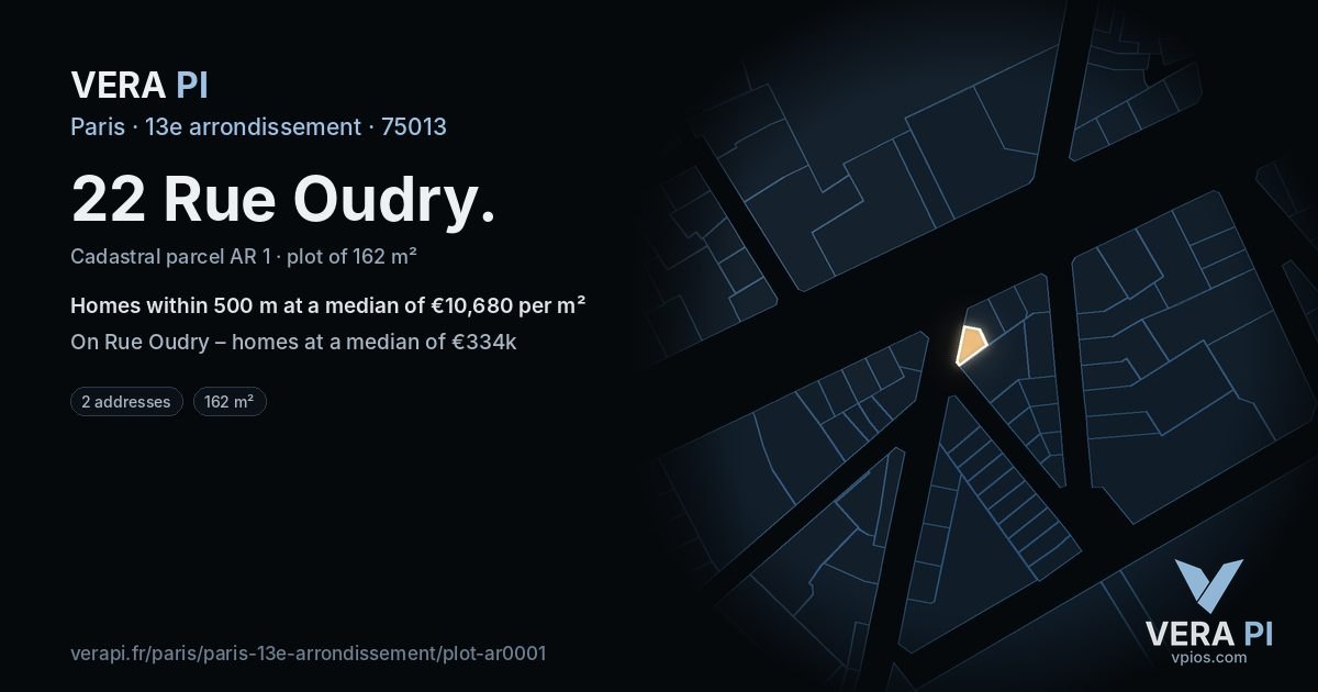 22 Rue Oudry, 13e arrondissement at night – the plot lit, the parcels around coloured by the prices near them