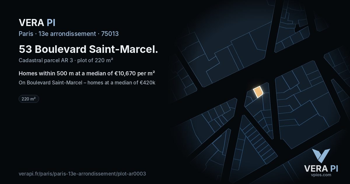 53 Boulevard Saint-Marcel, 13e arrondissement at night – the plot lit, the parcels around coloured by the prices near them