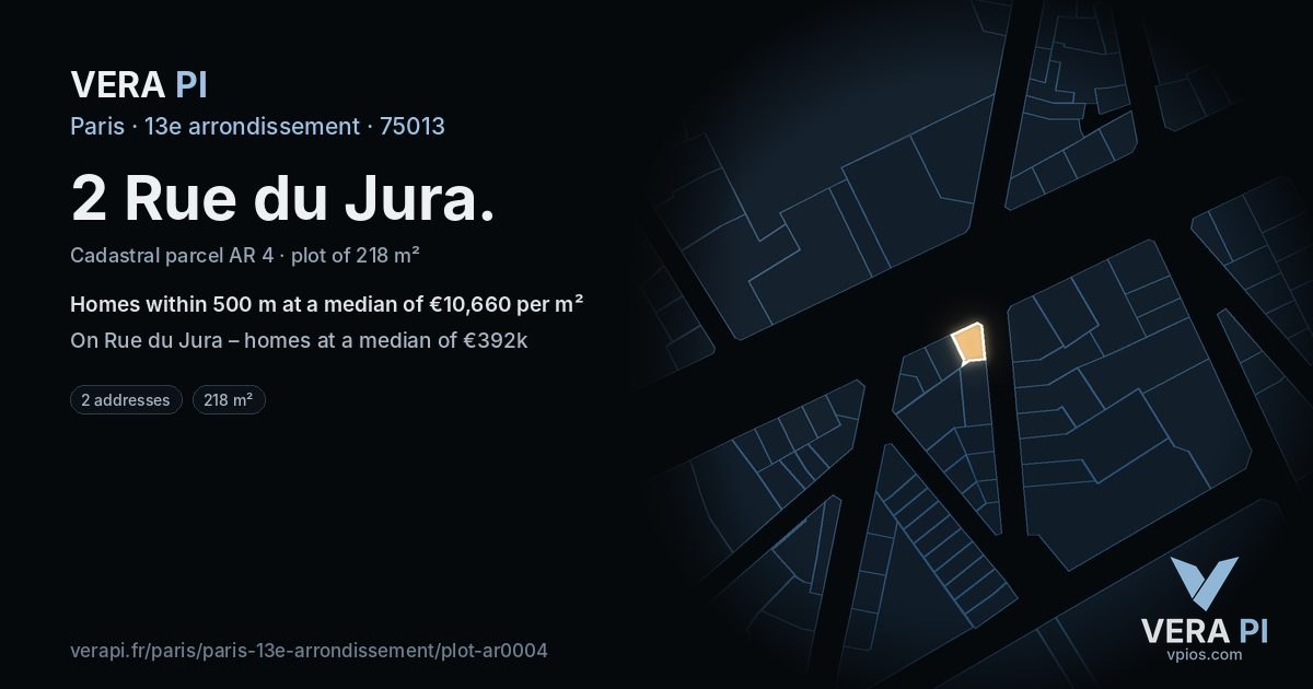 2 Rue du Jura, 13e arrondissement at night – the plot lit, the parcels around coloured by the prices near them