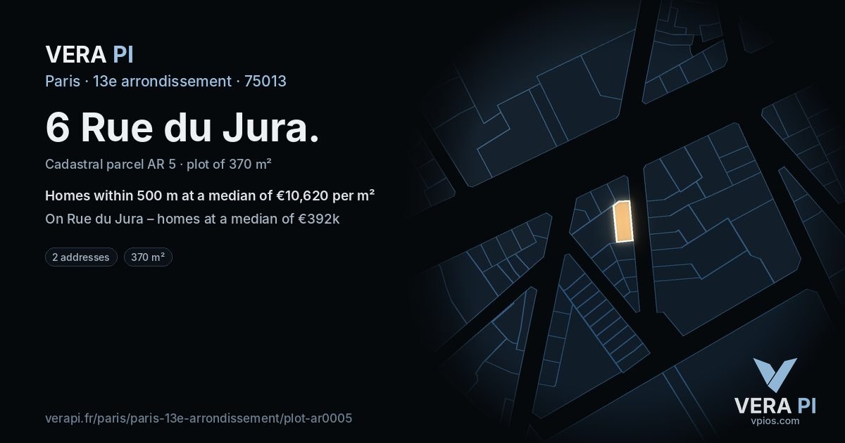 6 Rue du Jura, 13e arrondissement at night – the plot lit, the parcels around coloured by the prices near them