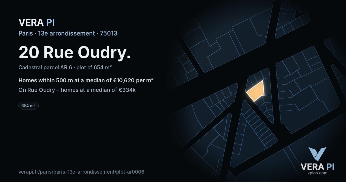 20 Rue Oudry, 13e arrondissement at night – the plot lit, the parcels around coloured by the prices near them