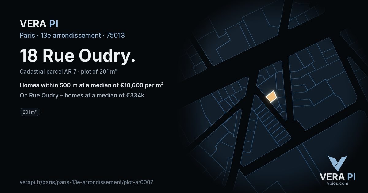18 Rue Oudry, 13e arrondissement at night – the plot lit, the parcels around coloured by the prices near them