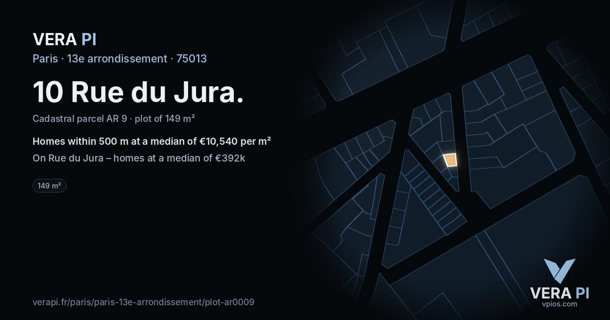 10 Rue du Jura, 13e arrondissement at night – the plot lit, the parcels around coloured by the prices near them