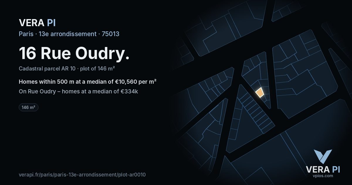 16 Rue Oudry, 13e arrondissement at night – the plot lit, the parcels around coloured by the prices near them
