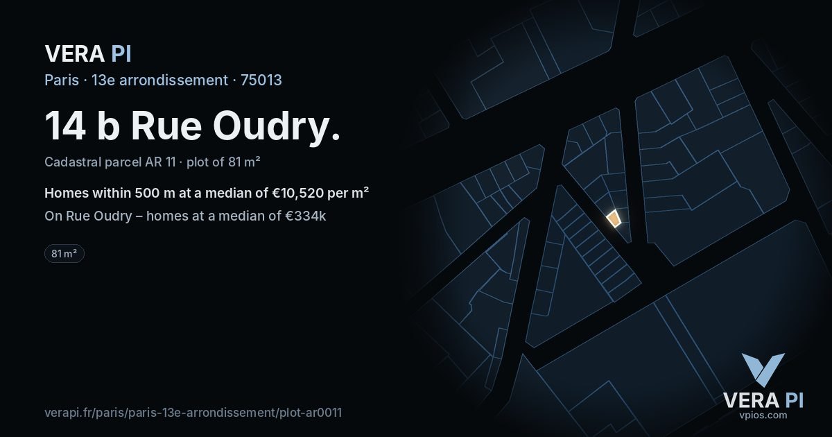 14 b Rue Oudry, 13e arrondissement at night – the plot lit, the parcels around coloured by the prices near them
