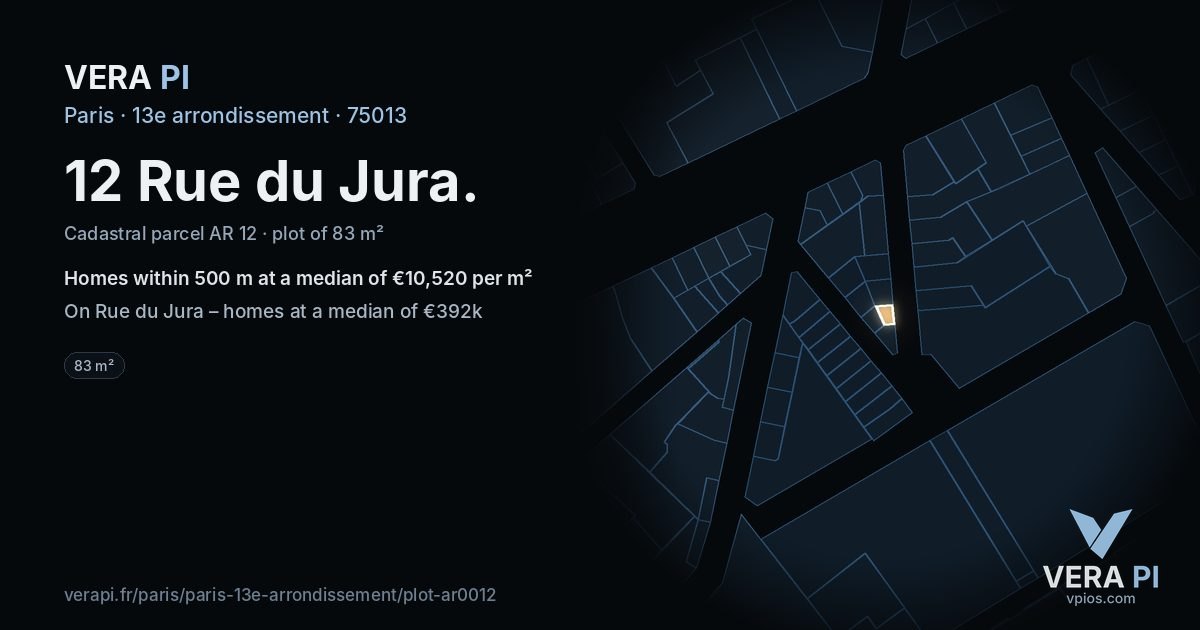 12 Rue du Jura, 13e arrondissement at night – the plot lit, the parcels around coloured by the prices near them