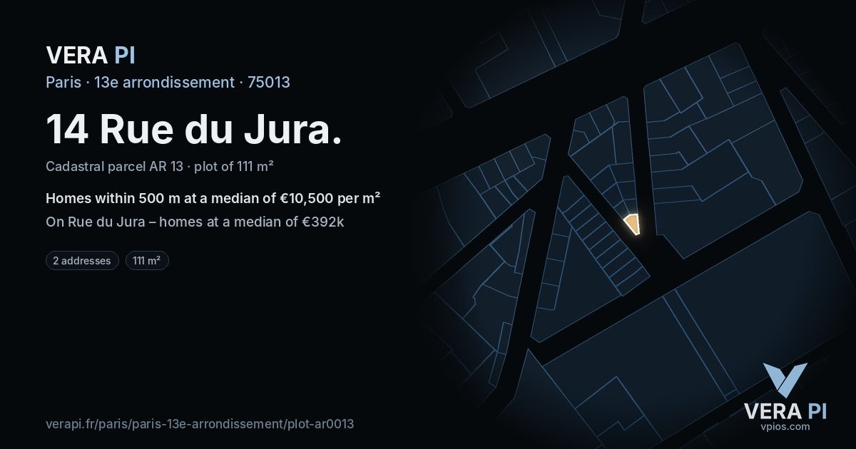 14 Rue du Jura, 13e arrondissement at night – the plot lit, the parcels around coloured by the prices near them