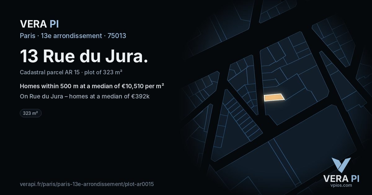 13 Rue du Jura, 13e arrondissement at night – the plot lit, the parcels around coloured by the prices near them